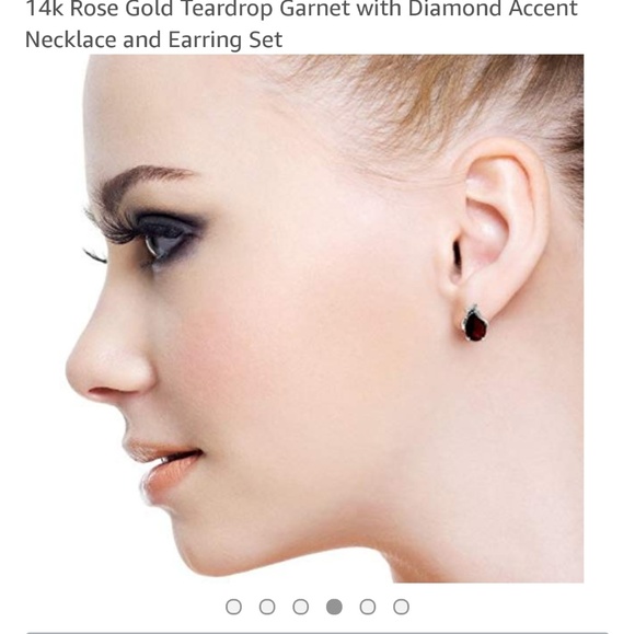 14K Rose Gold Garnet set earrings diamond accent - Picture 3 of 5